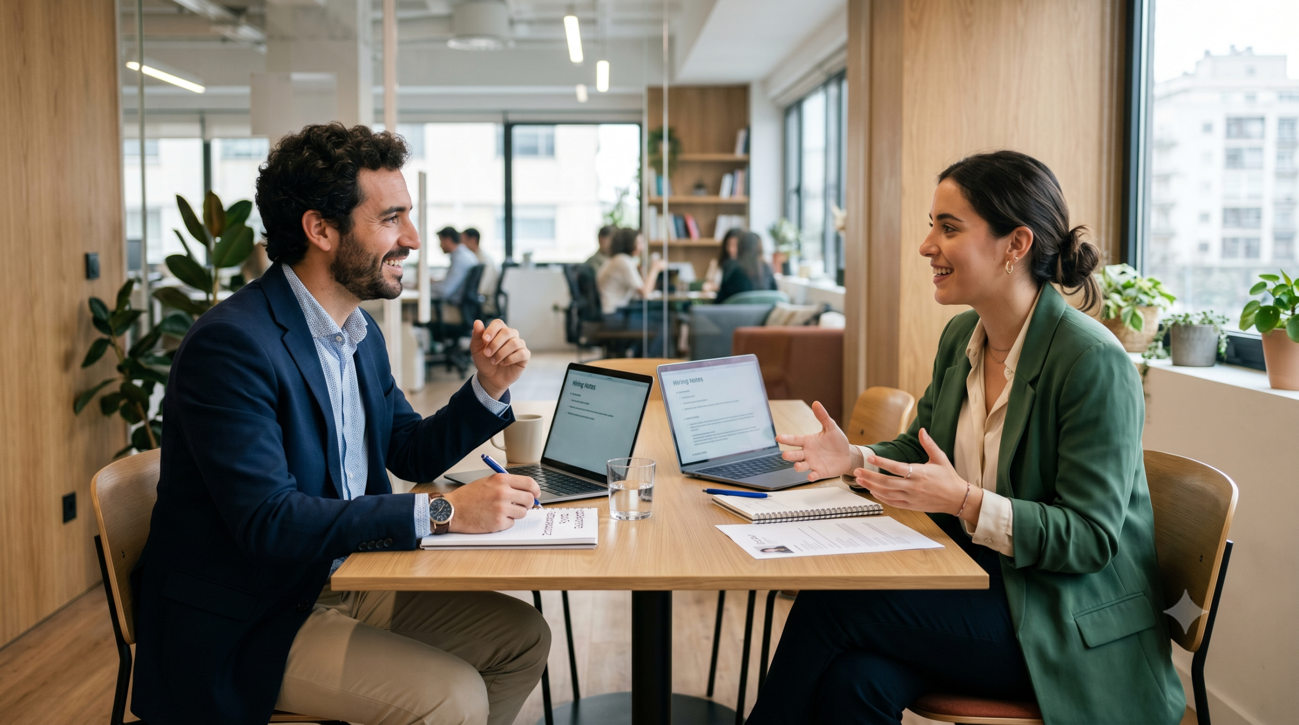 Un hombre y una mujer en estilo casual business manteniendo una entrevista de trabajo con portátiles en una oficina moderna.