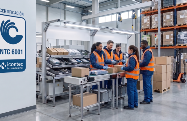 Línea de Embalaje Industrial con Certificación NTC 6001 Un grupo de trabajadores de almacén con chalecos de seguridad operando una línea de embalaje automatizada con un brazo robótico, junto a un cartel de certificación NTC 6001 de icontec internacional.